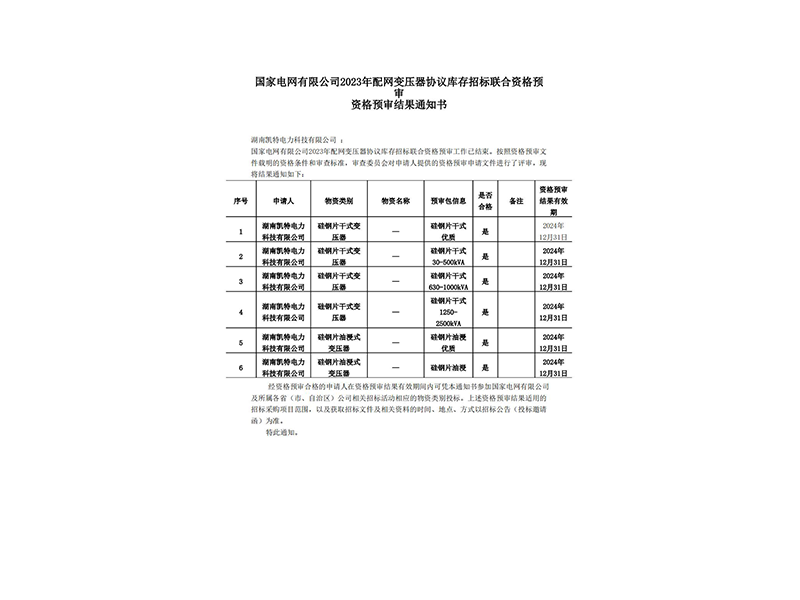 變壓器資格預(yù)審結(jié)果通知書